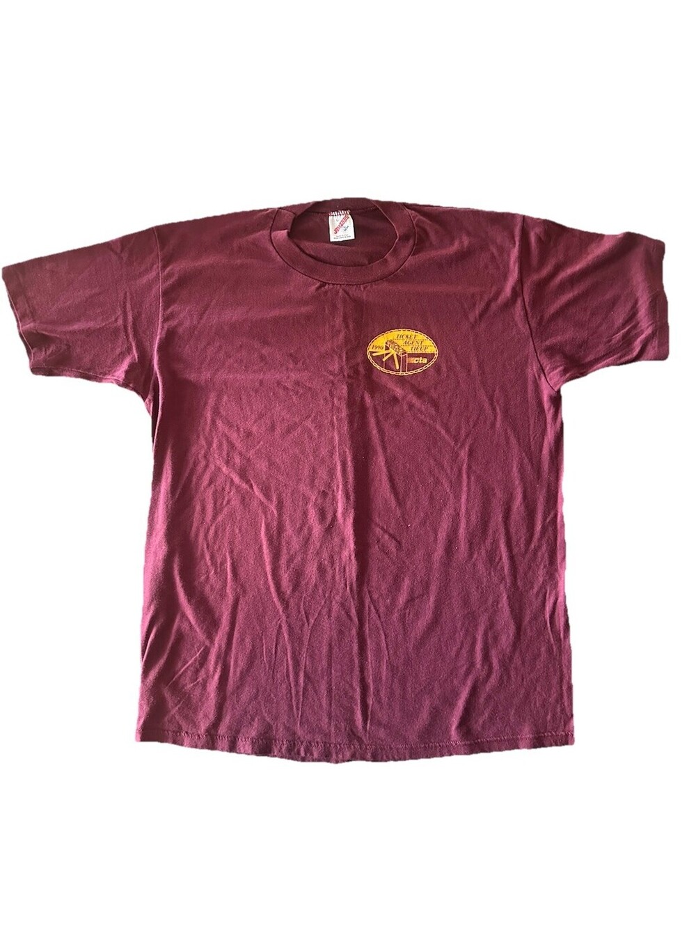 VTG 1990 Ticket Agent Tie-Up Cato Promo T Shirt Made USA Jerzees Burgundy L